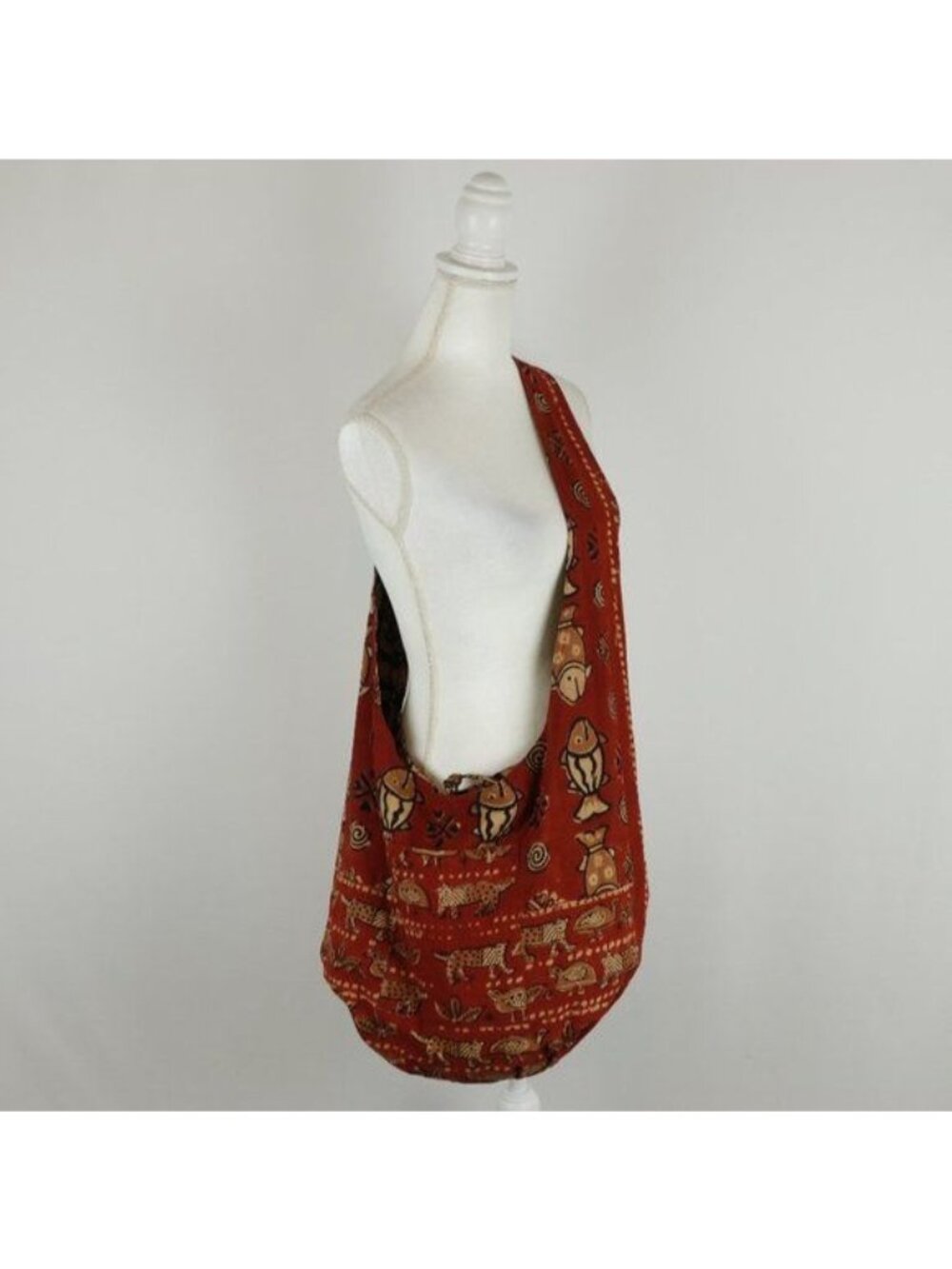 Unbranded Women's Red Blue Sadhu Block Print Reversible Boho Crossbody Bag
